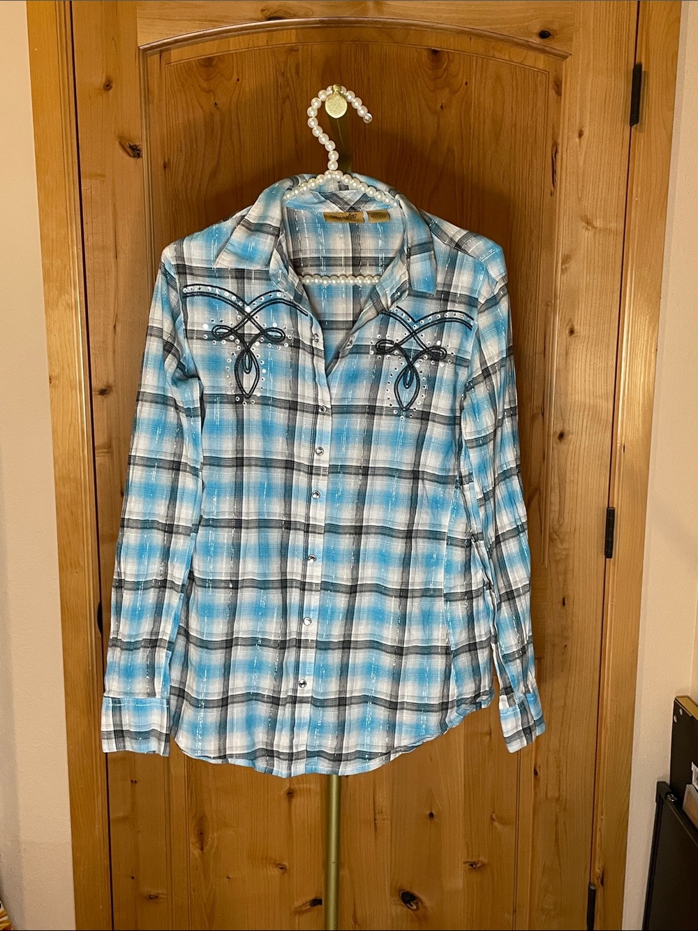 Wrangler Teal and White Plaid Snap-Front Western Shirt Size M
